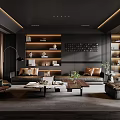 Modern Living Room Interior With Dark Ceiling Wooden Shelves Sofa Coffee Tables And Green Plants
