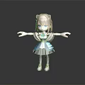 3D Cartoon Girl Character With Brown Hair Blue Eyes Blue White Dress Standing Arms Outstretched 3d model