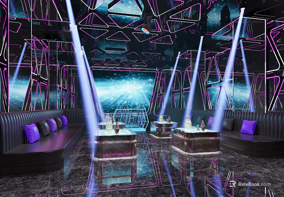 Stylish KTV Interior Design With Purple Neon Lights Geometric Decor And Comfortable Seats 3d model 