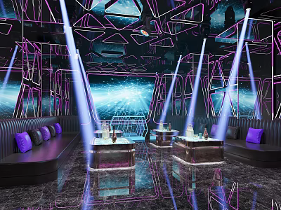 Stylish KTV Interior Design With Purple Neon Lights Geometric Decor And Comfortable Seats 3d model