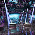 Stylish KTV Interior Design With Purple Neon Lights Geometric Decor And Comfortable Seats