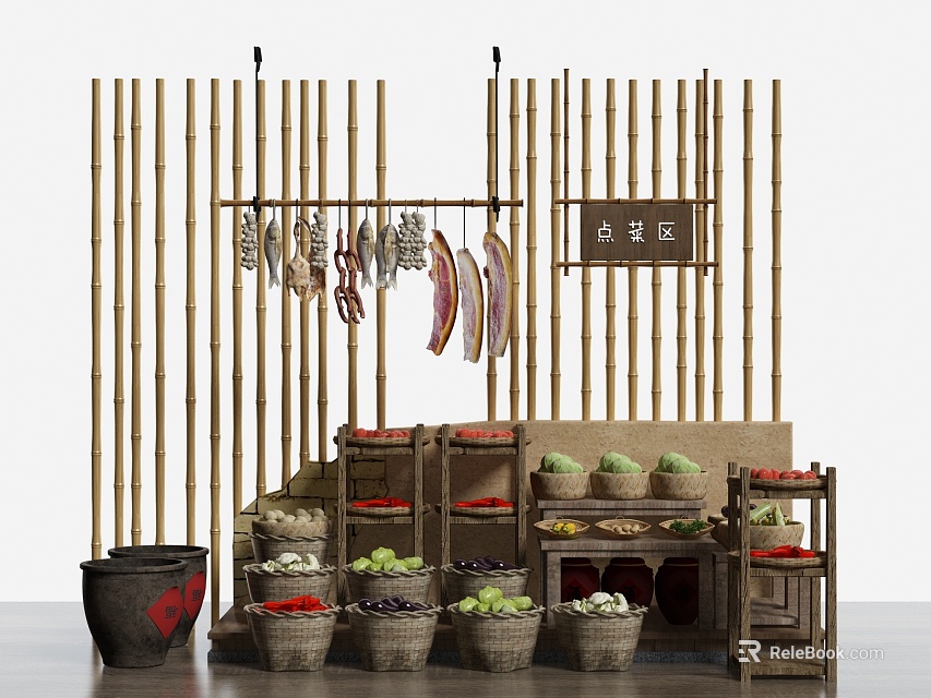 Fresh Vegetables Display in Farmhouse Area with Bamboo Shelves Baskets and Screen 3d model 