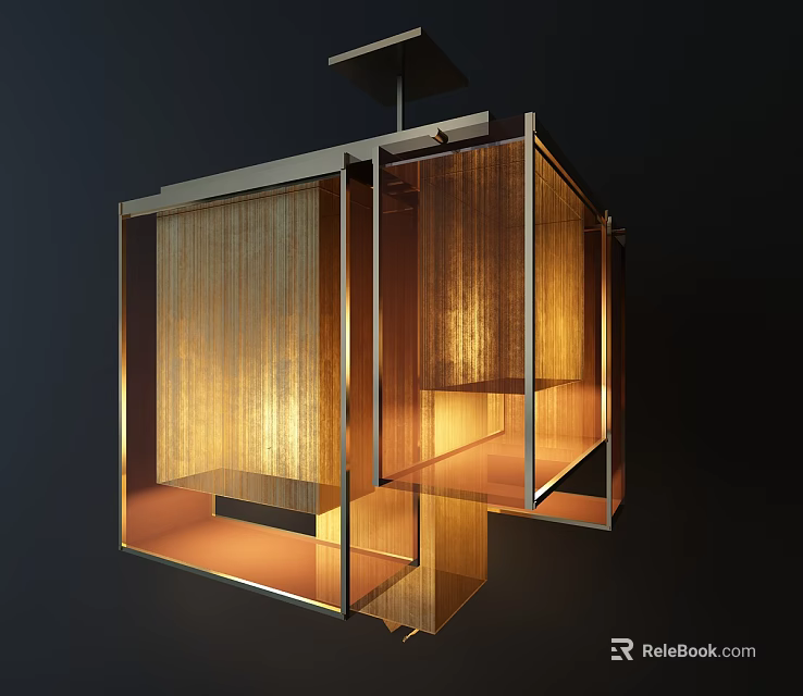 Modern Geometric Chandelier With Metal Frame Wooden Panels And Warm Illumination 3d model 