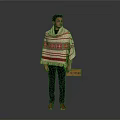 Man Wearing Red And White Striped Poncho With Patterns Holding Wooden Box Against Gray Background