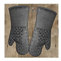 Gray Oven Mitts With Geometric Pattern On Wooden Background For Kitchen Use