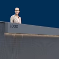 Modern Sleek Reception Desk With Table Lamp LOGO And Receptionist Standing 3d model
