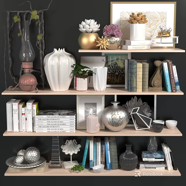 Stylish Decorative Ornament Combination on Shelves with Vases Books Plants Sculptures and Decor Pieces 3d model 