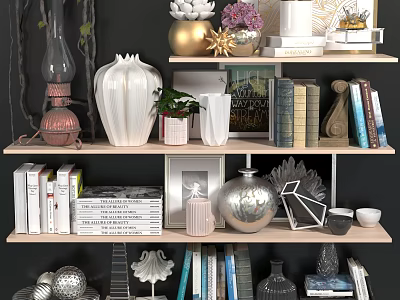 Stylish Decorative Ornament Combination on Shelves with Vases Books Plants Sculptures and Decor Pieces 3d model
