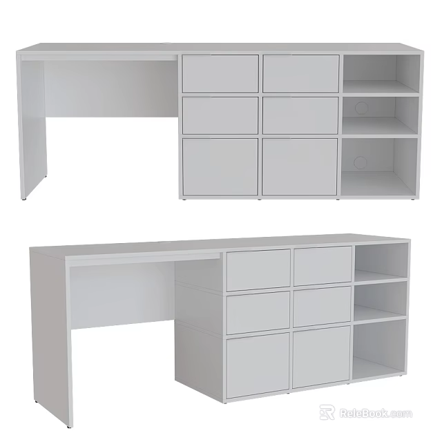 Modern White Desk Design With Functional Drawers And Open Storage Shelves For Home Office 3d model 