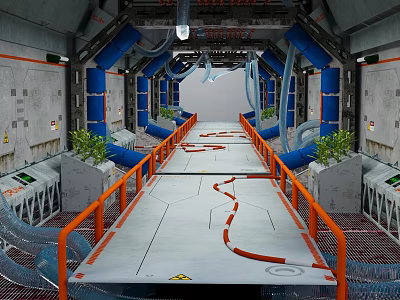 Cartoon Sci Fi Corridor Scene Featuring Orange Railings Blue Pipes Green Plants And Control Panels 3d model