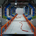 Cartoon Sci Fi Corridor Scene Featuring Orange Railings Blue Pipes Green Plants And Control Panels