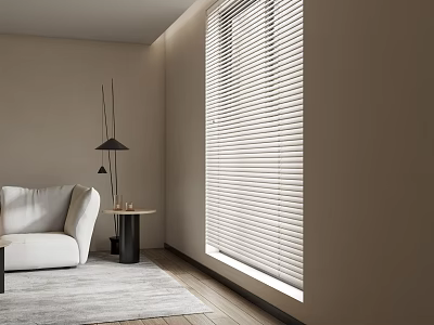 Light Filtering Window Blinds In Modern Living Room With Sofa And Floor Lamp 3d model