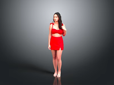 A woman in red dress with curly hair standing against gray background wearing high heels 3d model