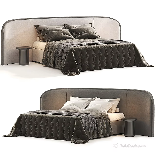Modern Double Bed With Upholstered Headboard Quilted Bedspread Plush Pillows And Bedside Stool 3d model 