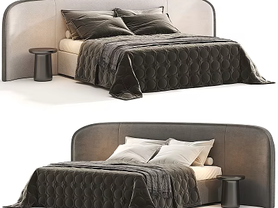 Modern Double Bed With Upholstered Headboard Quilted Bedspread Plush Pillows And Bedside Stool 3d model