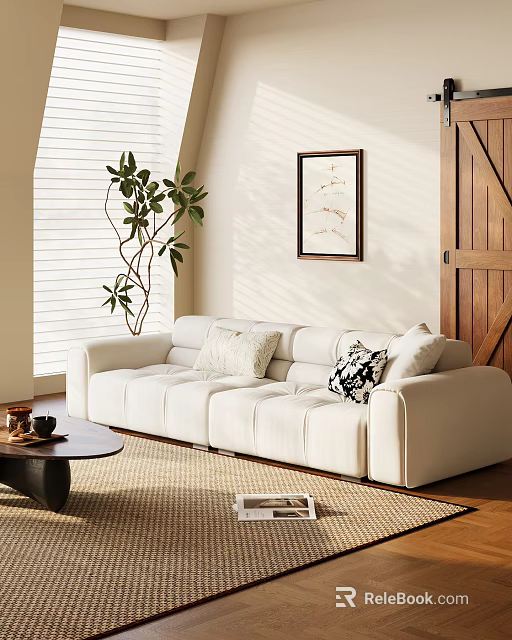 White Sectional Sofa with Decorative Cushions Green Plant and Coffee Table in Bright Living Room 3d model 