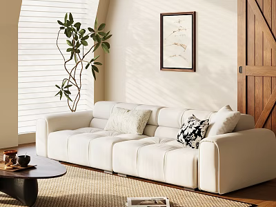 White Sectional Sofa with Decorative Cushions Green Plant and Coffee Table in Bright Living Room 3d model