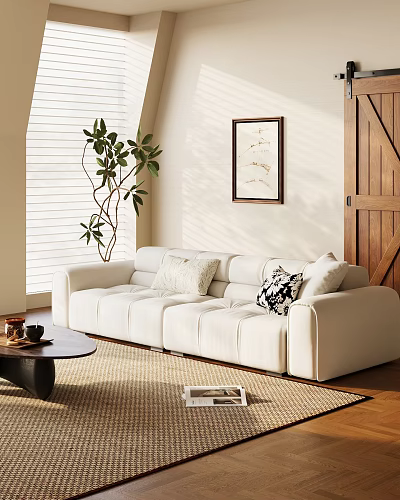 White Sectional Sofa with Decorative Cushions Green Plant and Coffee Table in Bright Living Room 3d model