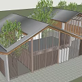 Modern Single Family House With Large Glass Windows Wooden Structure Green Grass And Trees