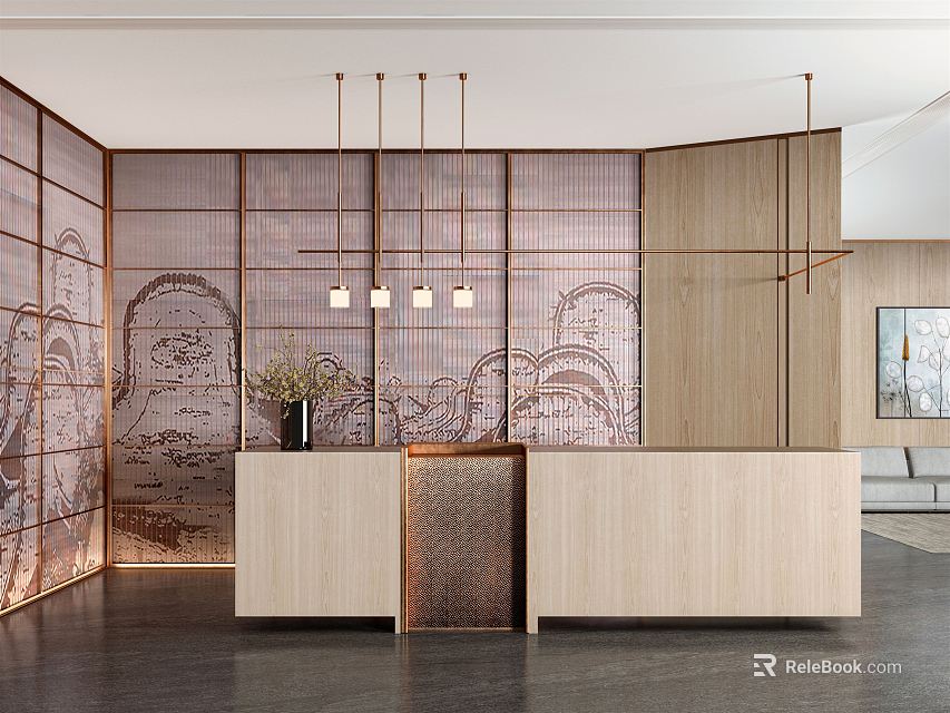 Modern Reception Desk Interior Design With Wooden Counter Patterned Screen And Pendant Lights 3d model 