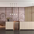 Modern Reception Desk Interior Design With Wooden Counter Patterned Screen And Pendant Lights