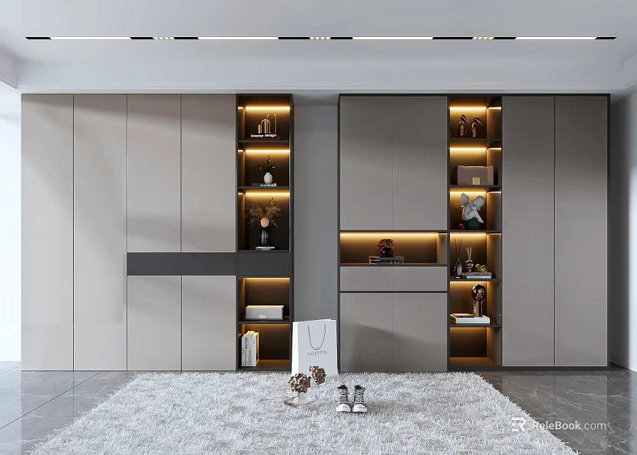 Modern Shoe Cabinet Design With Open Shelves Decorative Lighting And Storage Space 3d model 