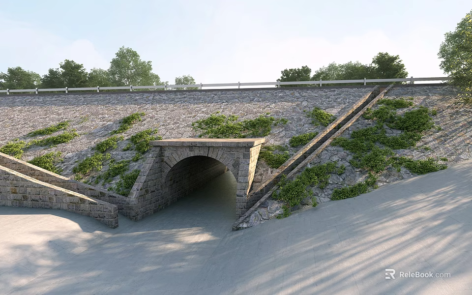 Stone Culvert Structure with Sloped Green Vegetation and Roadside Guardrail 3d model 