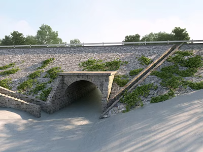 Stone Culvert Structure with Sloped Green Vegetation and Roadside Guardrail 3d model