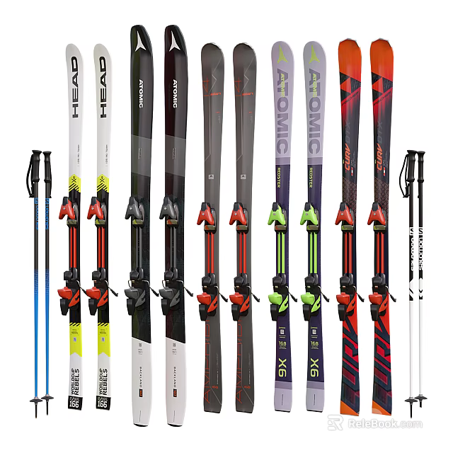 Colorful Ski Equipment With Various Brand Skis And Poles Arranged Neatly 3d model 