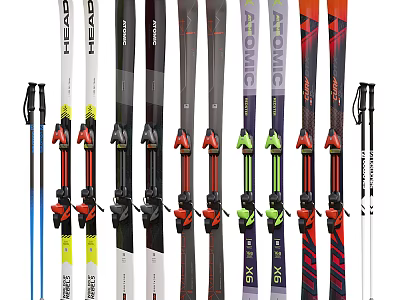 Colorful Ski Equipment With Various Brand Skis And Poles Arranged Neatly 3d model