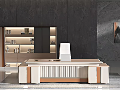 Modern Office Interior With Large Desk White Chair Dark Wall And Lit Bookshelf 3d model