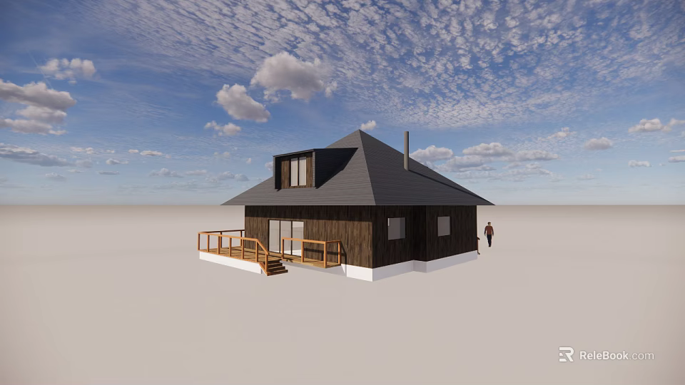 Detached House With Wooden Exterior Gray Roof Porch Chimney Blue Sky Open Ground 3d model 