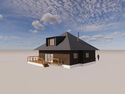 Detached House With Wooden Exterior Gray Roof Porch Chimney Blue Sky Open Ground 3d model