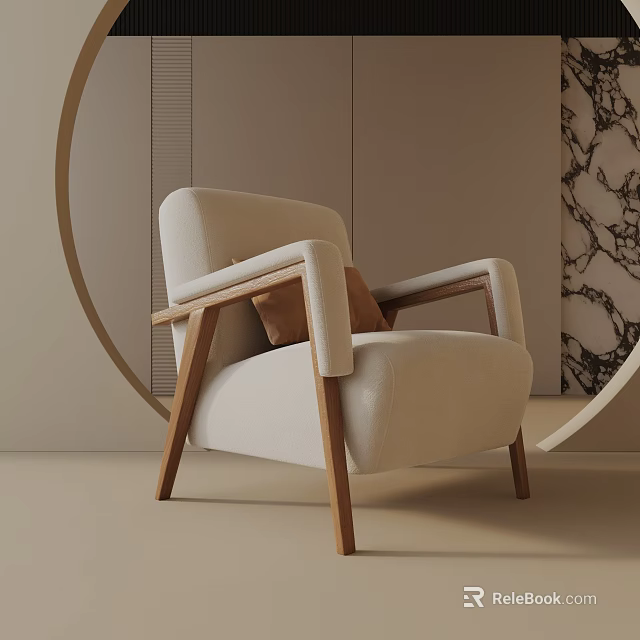 Beige Leisure Chair With Wooden Armrests And Brown Cushion In Modern Interior 3d model 