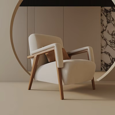 Beige Leisure Chair With Wooden Armrests And Brown Cushion In Modern Interior 3d model