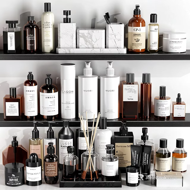 Daily Cleaning Essentials Display With Various Bottles Marble Accents And Shelves 3d model 