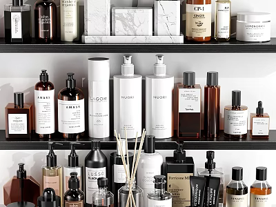 Daily Cleaning Essentials Display With Various Bottles Marble Accents And Shelves 3d model