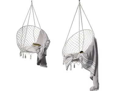 Stylish Woven Hanging Chair With Tassels And Light Blanket Decoration 3d model