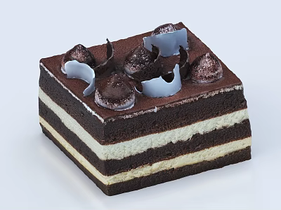Delicious Square Chocolate Cream Cake with Multiple Layers and Decorative Chocolate Toppings 3d model