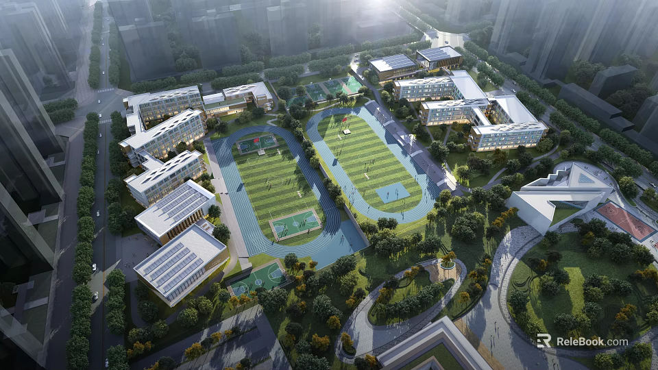 Modern School Buildings Aerial View Of Campus With Sports Fields Green Landscaping And Solar Panels 3d model 