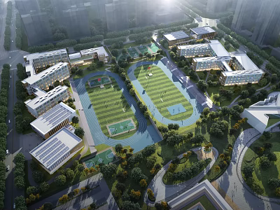 Modern School Buildings Aerial View Of Campus With Sports Fields Green Landscaping And Solar Panels 3d model