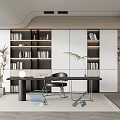 Modern Study Room Interior With Bookshelves Books Desk Chair Table Lamp Plant and Rug