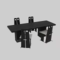 Modern Wooden Desk Design With Long Top And Chairs With Round Cutouts Metal Legs Light Seats