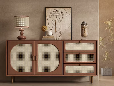Brown Entryway Cabinet Sideboard With Woven Door Drawers Decorations Table Lamp Plant Wall Art 3d model