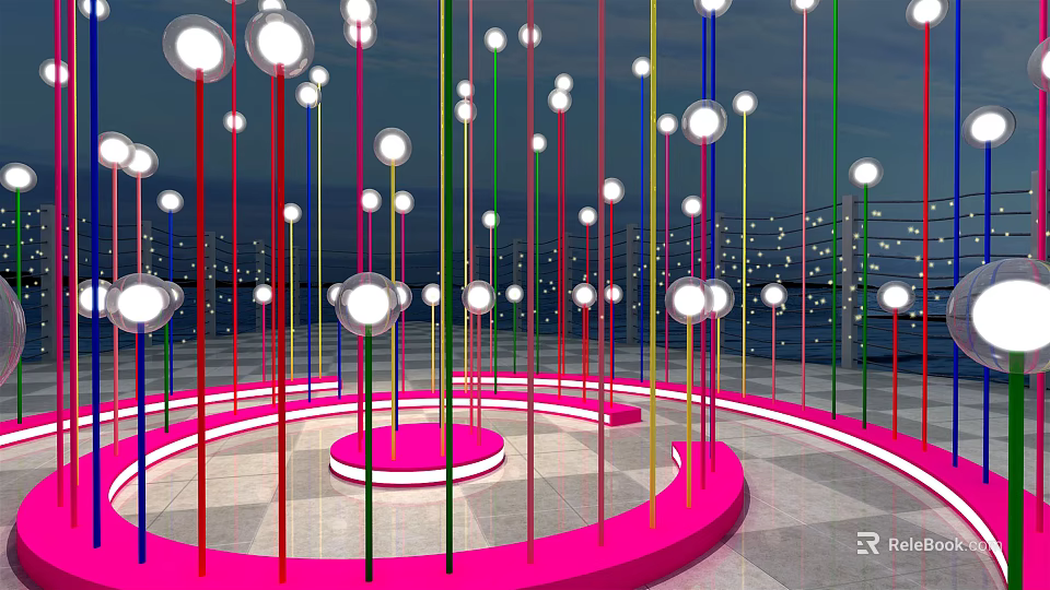 Decorative Lights With Colorful Light Poles Topped With Round Lights On Pink Circular Platform 3d model 