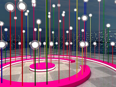 Decorative Lights With Colorful Light Poles Topped With Round Lights On Pink Circular Platform 3d model