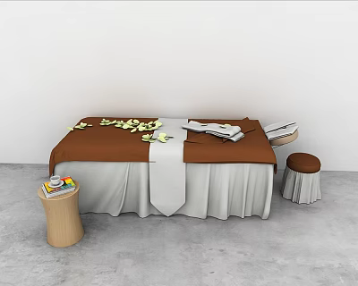 Brown Massage Bed With White Sheet Scattered Yellow Petals Near Small Table And Side Stool 3d model