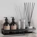 Stylish Bathroom Accessories With Black Shelf Soap Dispensers Fragrance Bottles Pampas Grass And Wicker Basket