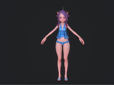 Game And Movie Female Character With Purple Hair Cat Ears In Blue Bikini 3d model