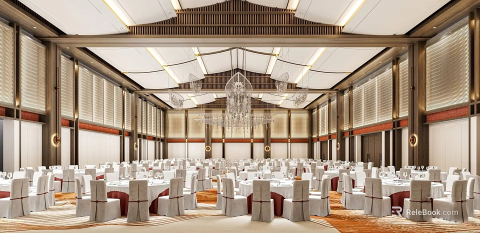Spacious Banquet Hall Interior With Crystal Chandeliers Round Dining Tables And White Chairs 3d model 